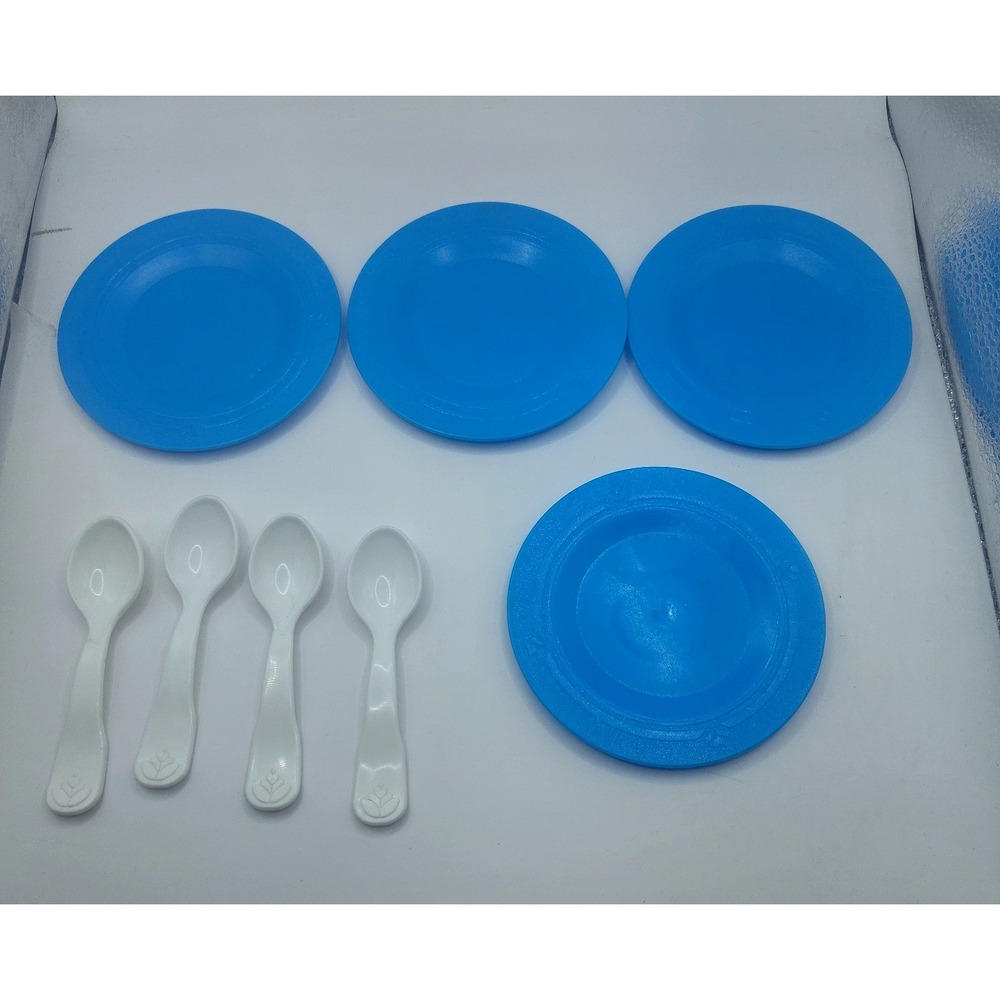 Vintage Fisher Price Blue Plates Spoons. Set of 4 Made in Korea Toy Dishes